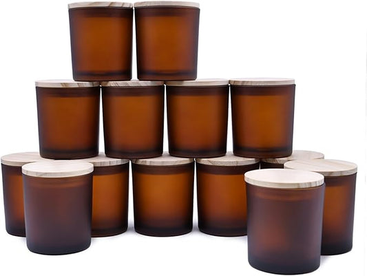 8 OZ Thick Candle Jars for Making Candles 15 Pcs, Empty Amber Jars with Wood Lids for Candle Making, Sample Container, Frosted Brown