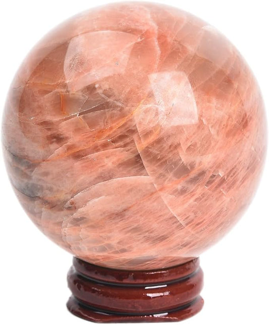 JIC Gem Orange Moonstone Crystal Ball Healing Crystals Sphere with Decorative Wooden Stand 2-2.3 inch (50-60mm)