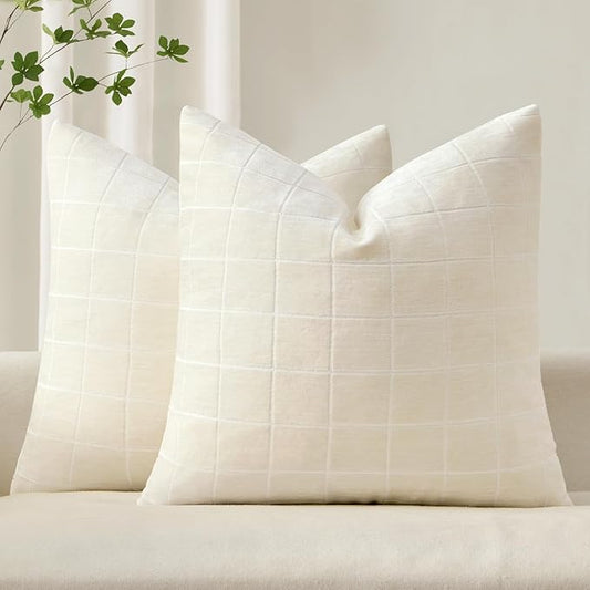 MIULEE Decorative Chenille Check Throw Pillow Covers Vintage Plaid Couch Pillows 20x20 Inch Set of 2 Neutral Boho Farmhouse Cushion Covers Modern Spring Home Decor for Sofa Bed Living Room Cream