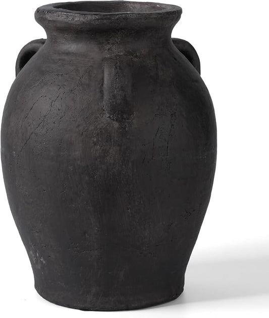 Rustic Matte Black Ceramic Vases, 9.5" H Handmade Distressed Terracotta Vases with 3 Ear, Large Decorative Farmhouse Pottery Vase Home Decor for Table Fireplace Entryway Shelf (Dark Charcoal Taupe)