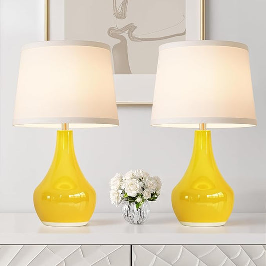 Seealle Modern Ceramic Table Lamps for Night Stands - Bedside Lamps Set of 2 for Nightstand,Yellow Bedroom Lamp for Living Room Cute Desk End Table Office Guest Room Dresser Rocker Swtich
