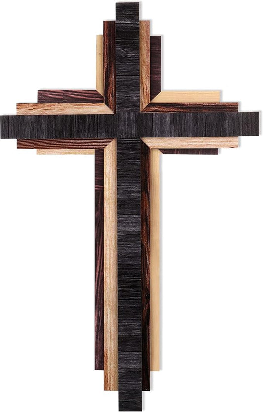 Jetec Christian Wooden Wall Cross,3D Multi-color Triple Stacked Reclaimed Decorative Worn Wooden Wall Cross for Home Religious Church Hanging Decoration(Classic Color)