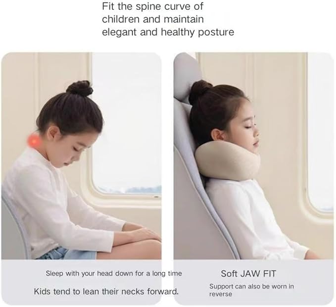 Kids Memory Foam Travel Neck Pillow, 360° Support,Travel U-Shaped Airplane Pillow, Foldable，Suitable for Commuting, Flying, Working, and Living at Home (Khaki)