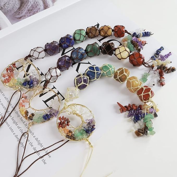 3 Pieces of 7 Chakras Healing Crystals and Tree of Life Wall Hanger Tumbled Gemstones Meditation Hanging Ornament Christmas Tree Memorial Hanging Pendant (Style 3)