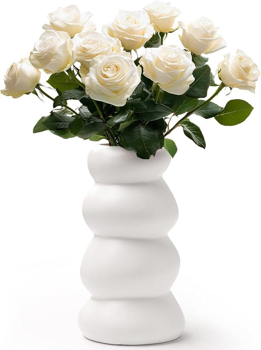 BosilunLife Ceramic Vase with Stacked Bubble Design – Boho Modern Sculptural Flower Vase for Home Decor, Shelf or Table Centerpiece (White)
