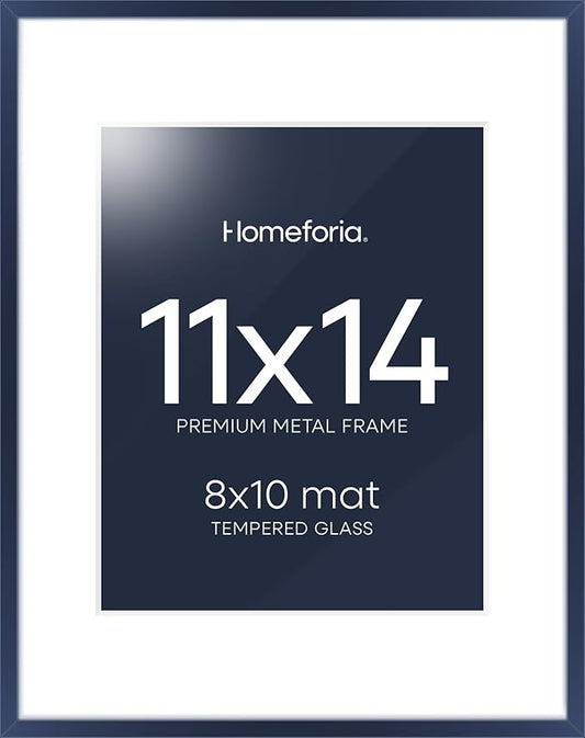 Homeforia 11x14 Picture Frame Navy Blue, High End Metal 11x14 Wall Hanging Frame with Mat 8x10, 11 x 14 Poster Frame Matted to 8 x 10 inch Photo, 11by14 Thin Frames, Tempered Glass, Wall Kit, Set of 1