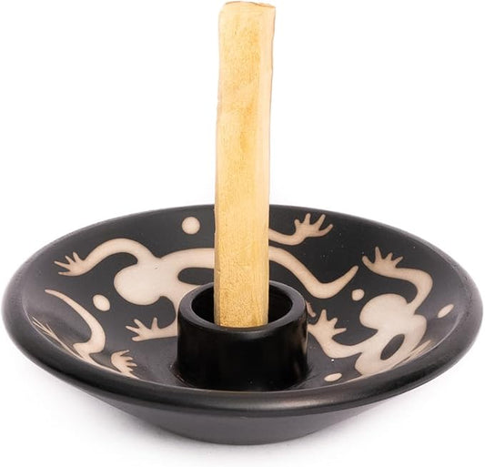 Luna Sundara Authentic Peru Pottery Palo Santo Stick Holder and Incense Holder with 5 Palo Santo Sticks Handmade Ceramic Smudge Bowl Sage Holder Black and White Lizard Gift Set