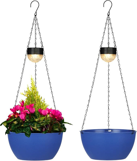 BAYN 2 Packs Solar Hanging Basket Planters for Plants Outdoor, Self Watering Blue Flower Plants Pots with Solar Light Drainer for Balcony Patio Garden Outdoor Decoration