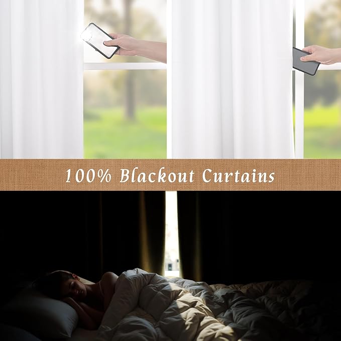 LAMIT White 100% Blackout Linen Curtains 84 Inches Long, Linen Textured Living Room Farmhouse Curtains Full Room Darkening Back Tab and Rod Pocket Panels with White Liner, 2 Panels, 60 x 84 Inch