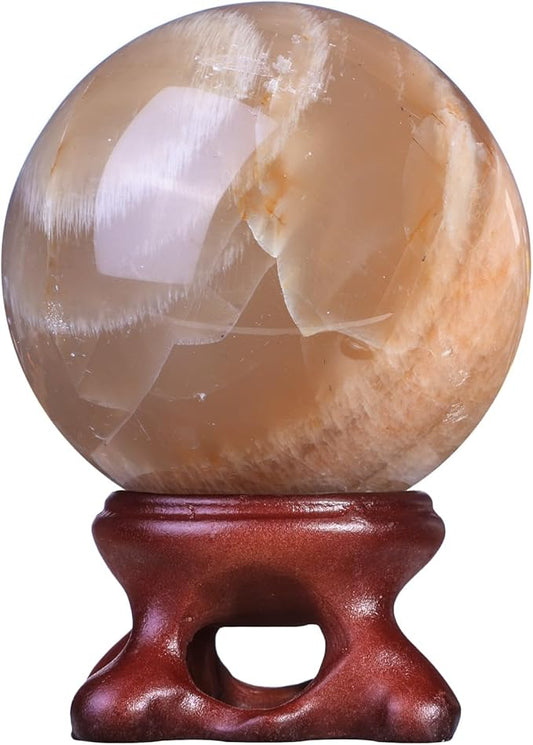 SUNYIK Natural Orange Moonstone Ball Sphere with Resin Stand Polished Crystal Sphere Stone Figurine Decor for Home Office Tabletop, 1.6-1.9"(41-50mm)