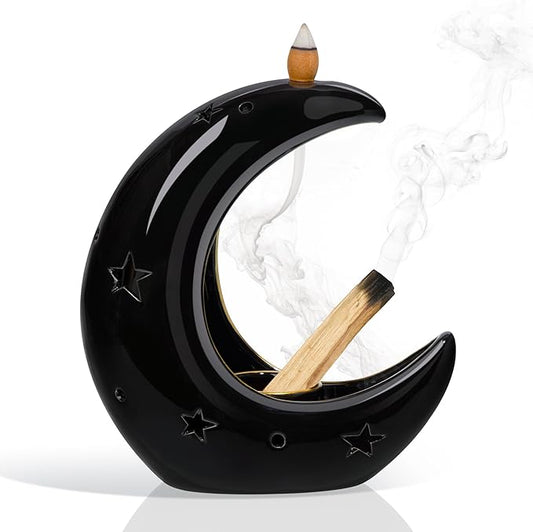 ZenBless Moon Versatile Ceramic Backflow Incense Holder and Burner Waterfall,for Burning Sage, Palo Santo, Backflow Cone and Candle,Aromatherapy Ornament Home Room Decor,the Ideal Present (Black)