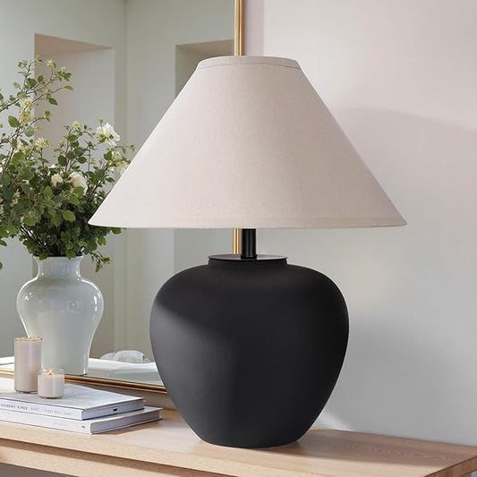 Ceramic Pot Table Lamp 18.5 inch Circular Frosted Nightstand Lamp, Tapered Fabric Shade Bedside, Ceramic Decorative for Living Room Bedroom House Office Entryway, TL1