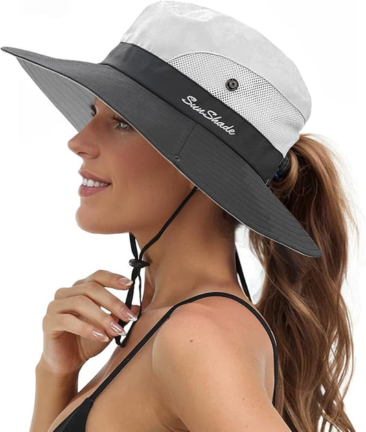 Sun Hats for Women Beach Hat Ponytail Hat Womens Sun Hat with UV Protection Wide Brim