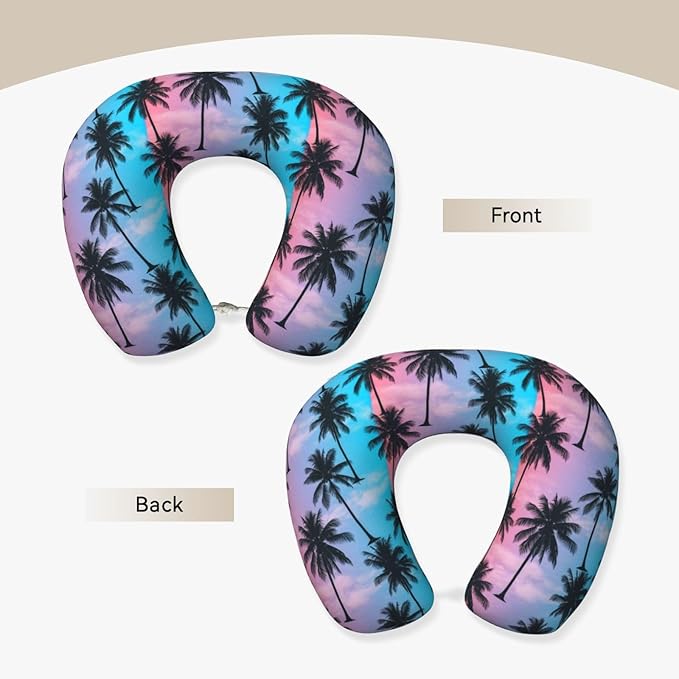 Travel Pillow Chin Neck Support, Comfortable Airplane Car Pillows for Rest, Memory Foam U Shaped Office Home Nap Sleeping Cushion Purple Sky Palm Trees