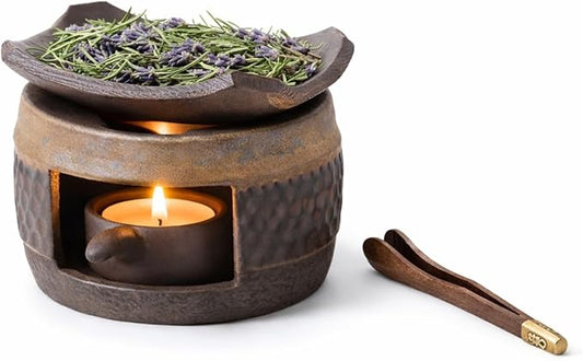 Zen Ceramic Incense Holder with Wooden Tongs, Tealight Wax Warmer and Essential Oil Burner for Wax Melts, Dried Herbs and Palo Santo, Aromatherapy Stove for Bedtime Calm, Meditation, Home and Office