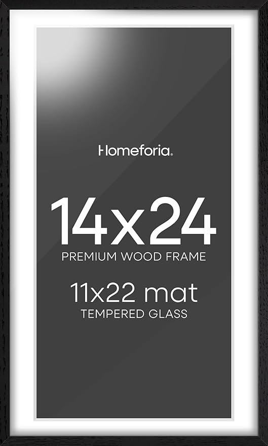Homeforia 14x24 Picture Frame Black Wood, High End Oak 14x24 Poster Frames with Mat 11x22 Photo, 14 x 24 Wooden Frame Matted to 11 by 22 Print, 24x14 Hanging Frames, Tempered Glass, Wall Kit, Set of 1