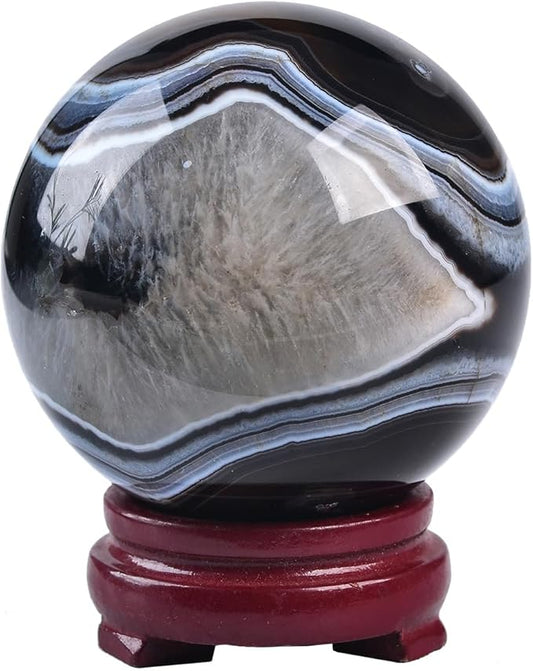 JIC Gem 2.7-3.1 inch(70-80mm) Large Black Onyx Agate Crystal Ball Round Healing Crystals Decorative Sphere with Wooden Stand Meditation Witchcraft Home Decor