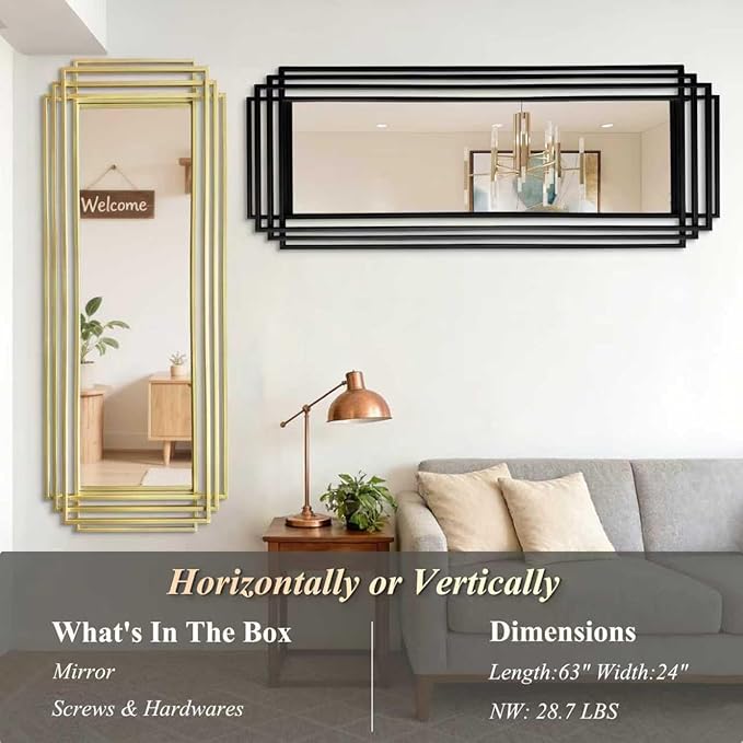 Geometric Wall Mirror, 63"x24" Modern Rectangle Full Length Mirror with Gold Metal Frame, Large Elegant Art Deco Mirror for Living Room Entryway Hallway, Hangs Vertically or Horizontally