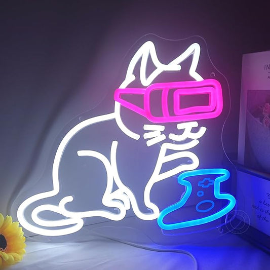 SYLHOME Game Cat Led Neon Light Sign Gamer Controller Pad Bedroom Game Room Bar Pub Man Cave Wall Sign Decor Gamer Teen Birthday Decoration USB 13"X12" Dimmer