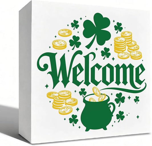 St. Patrick's Day Welcome Decor Wooden Box Sign, Pot of Gold Shamrock Tabletop Welcome Sign for Home Entryway Shelf Desk, Festive Farmhouse Holiday Wooden Decor Irish Theme 5 x 5 Inches