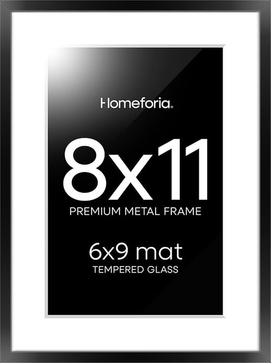 Homeforia 8x11 Picture Frame Black, High End Metal 8 x 11 Poster Frames with Mat 6 by 9 for Photo, 11x8 Frame Matted to 6x9 inch Print, 8by11 Wall or Tabletop Frame, Tempered Glass, Wall Kit, Set of 1