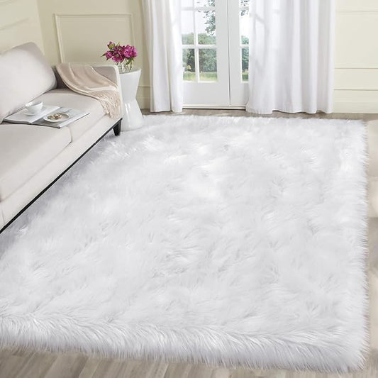 SERISSA Faux Fur Rug - 5x8 Feet, Fluffy Shaggy Area Rug in White - Luxury Fuzzy Sheepskin for Living Room, Bedroom, Nursery Decor