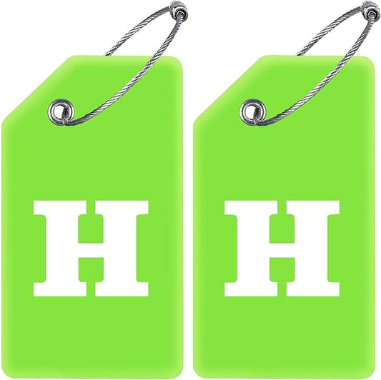 Gostwo 2 Pack Silicone Luggage Tags for Suitcases, 26 Initial Letter Baggage Labels Handbag School Bag Suitcase Instrument Tag with Stainless Steel Loop(Green)(Letter H)