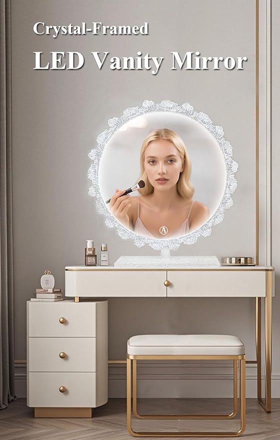 Crystal LED Vanity Mirror with Touch Control 3 Color Lights, Dimming 360° Rotation Desktop Elegant Decorative Hollywood HD Makeup Mirror