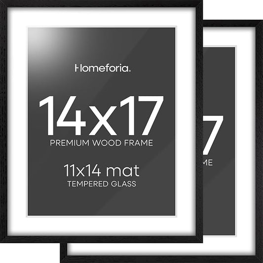Homeforia 14x17 Picture Frame Black Wood, High End Oak 14x17 Frames with Mat 11x14 Photo, 14 x 17 Wooden Poster Frame Matted to 11 by 14 Print, 17x14 Hanging Frames, Tempered Glass, Wall Kit, Set of 2