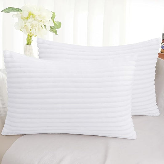 Simmore Decorative Spring Throw Pillow Covers 12x20 Set of 2, Soft Natural Plush Flannel Double-Sided Fluffy Lumbar Pillow Covers for Couch Sofa Living Room, White