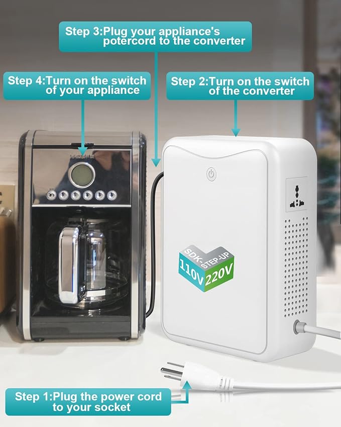 120v to 240v Step Up Transformer 1000W Power Voltage Converters, No Noise, Suit for Coffee Machines, Rice Cookers and Other Kitchen Appliances ，Using 220V Asia Euro Appliance in US