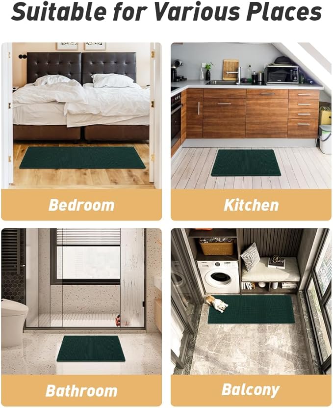 Upgraded Waffle Runner Rug, Super Absorbent Non Slip Bath Mats for Bathroom Floor Machine Washable Bathroom Runner Rug with Tassels Ideal for Hallway Bedroom Laundry Room, Dark Green, 2'x6'(24" x 72")