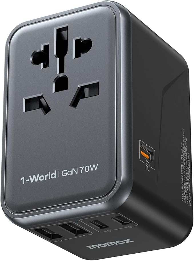 MOMAX 6-in-1 Universal Travel Adapter, GaN 70W International Power Adapter, 3 USB-C PD Fast Charging & 2 USB-A QC, 1 AC, All-in-one International Plug Adapter for Travel European UK AUS JP