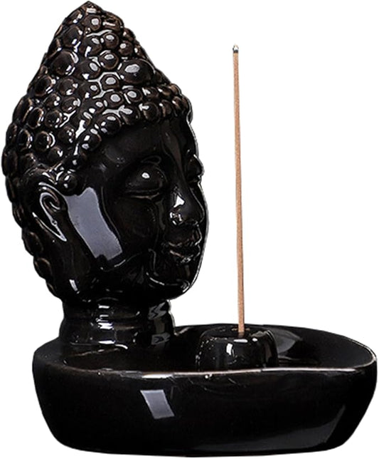 Buddha Head Incense Holder for Sticks, Small Ceramic Incense Burner Healing, Meditaiong, Zen, Timer of Spa or Yoga, with Ash Catcher (Black)