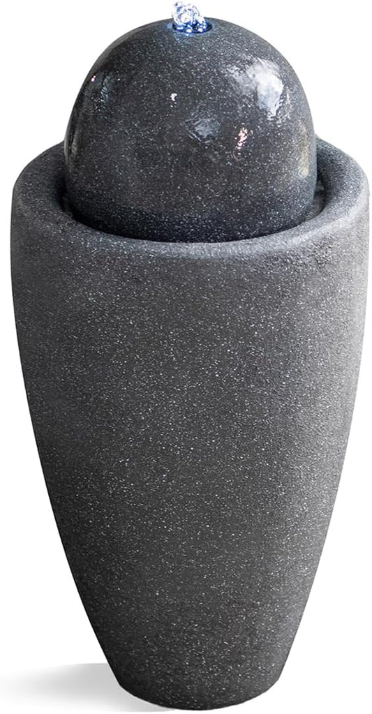 XBrand 25.98" H Blue Round Stone Indoor/Outdoor Modern Sphere Water Fountain w/LED Lights – Ball Bubbling Fountain Décor for Garden, Patio, or Tabletop