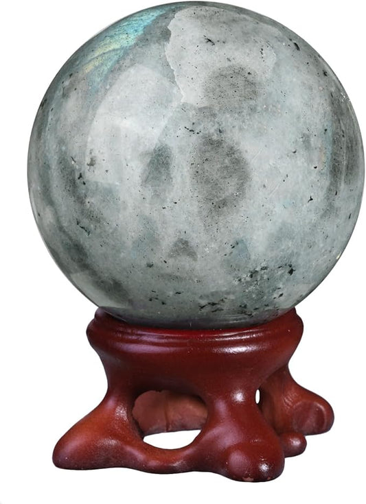SUNYIK Natural Labradorite Ball Sphere with Resin Stand Polished Crystal Sphere Stone Figurine Decor for Home Office Tabletop, 1.6-1.9"(41-50mm)