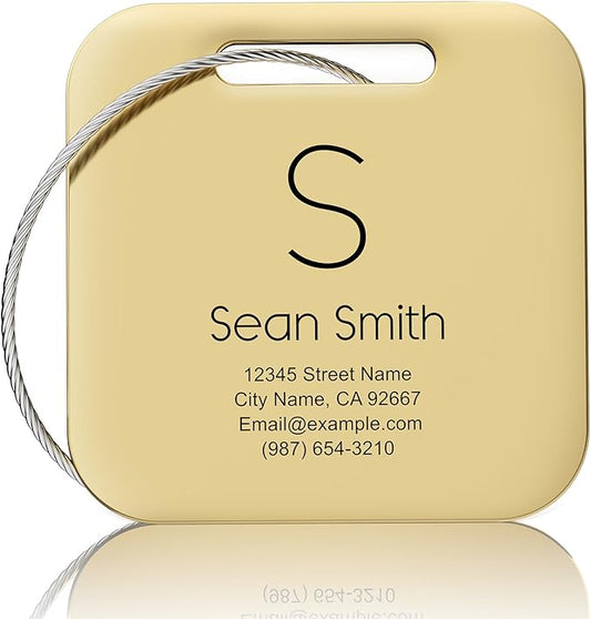 Personalized Engraved Gold Metal Luggage Tags for Suitcase - Custom Name Tags for Bags and Backpacks (10 Pack)