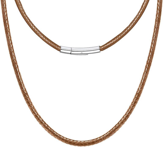 Leather Necklace Cord with Stainless Steel Clasp, Black/Brown Color Waterproof Wax Rope Chain 2mm 3mm Wide Braided Cord String Necklaces for Men Women 16"-30"