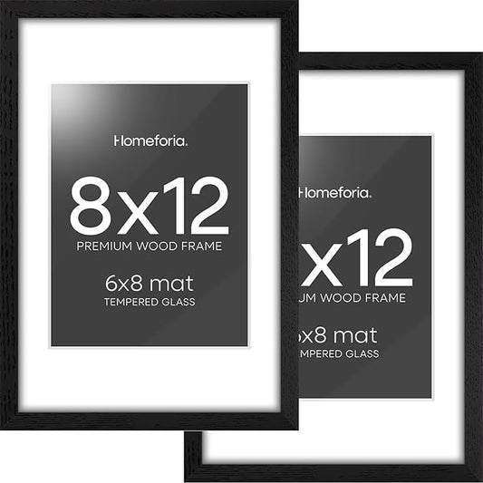 Homeforia 8x12 Black Picture Frame, High End Oak 8 x 12 Wood Frames with Mat 6 by 8 Print, 8by12 Wooden Frame Matted to 6x8 inch Photo, 12x8 Wall or Tabletop Frames, Tempered Glass, Wall Kit, Set of 2