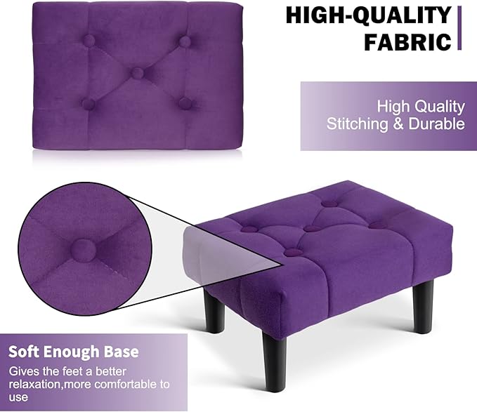 HOUCHICS Small Footstool Ottoman, Velvet Wooden Foot Stool Ottoman with Wood Legs, Sofa Footrest Extra Seating for Living Room Entryway Office(Purple 2PACK)