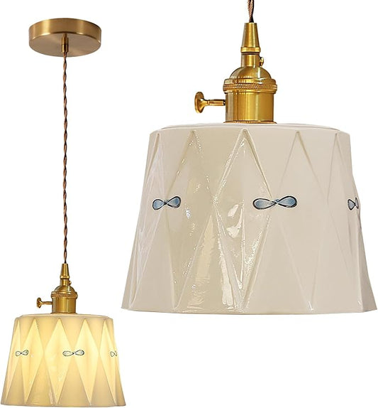 Vintage Ceramic Pendant Light, Mid Century Modern Hanging Lamp, White Ceramic Shade Brass Finish Ceiling Pendant Light for Bedside Dining Room Kitchen Island