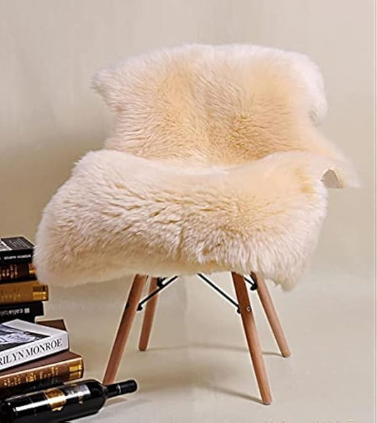 HUAHOO Premium Genuine Sheepskin Rug Beige Real Australia Sheepskin Natural Luxury Fluffy Lambskin Fur Area Rug Seat Covers for Kids Bedroom Sofa Chair Cover Pets Dogs Mat Double Pelt/2' x 3' Beige