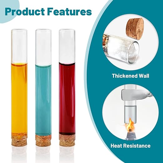 12pcs 10ml Glass Test Tube with Cork Stopper, 15x100mm Small Candy Storage Tube with Cap, Flat Bottom Tube, Plant Propagation Vase, Vial Set for Scientific Experiments Lab Liquid Party Decor
