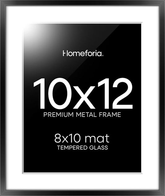 Homeforia Black 10x12 Picture Frame, High End Metal 10x12 Poster Frames with Mat 8x10, 10 x 12 Black Frame Matted to 8 x 10 inch Photo, 10 by 12 Thin Hanging Frames, Tempered Glass, Wall Kit, Set of 1