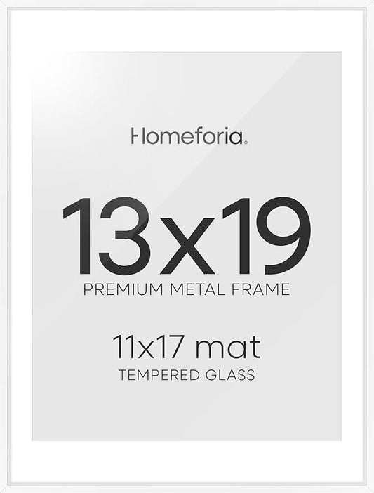 Homeforia 13x19 Picture Frame White, High End Metal 13 x 19 Poster Frames with Mat 11 x 17 for Photo, 13x19 White Frame Matted to 11x17 inch Print, 19x13 Thin Frame, Tempered Glass, Wall Kit, Set of 1
