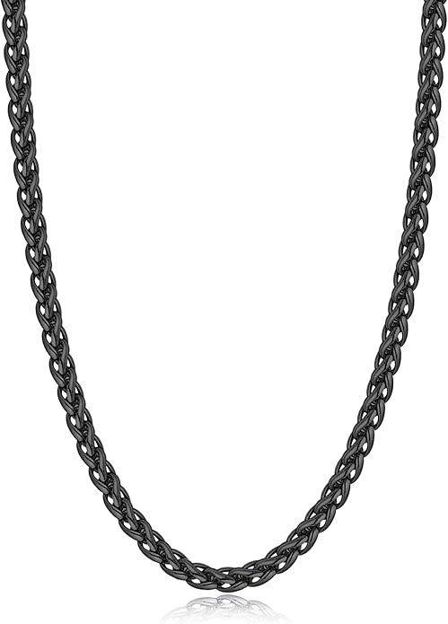 Jewlpire 4mm Wheat Chain Necklace for Men, Silver Tone/Black/14K Gold Plated Stainless Steel Necklace Chain, Mens Chains Necklaces 16 18 20 22 24 26 Inch