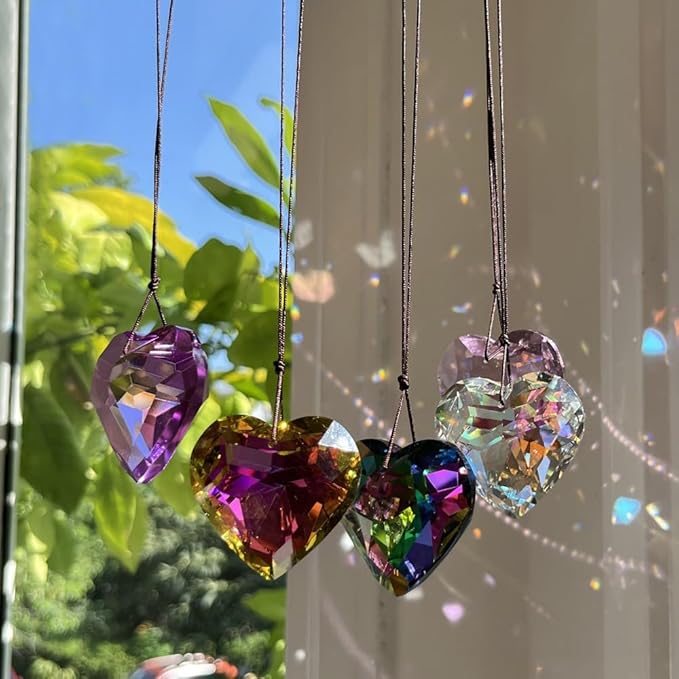 Colorful Heart Crystals Suncatcher Hanging Sun Catcher with Chain Pendant Ornament for Window Home Garden Christmas Tree Party Wedding Decoration (Pink)