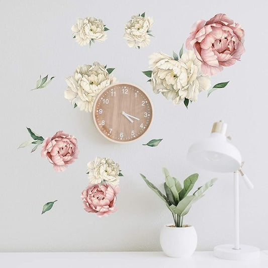 Peony Watercolor Wall Decals (Vintage Pink Watercolor) - Botanical Decor Sticker Flowers - Floral Bedroom Decals for Girls Room - Soft Flower Peonies Wall Decor Bedroom with Test Sample