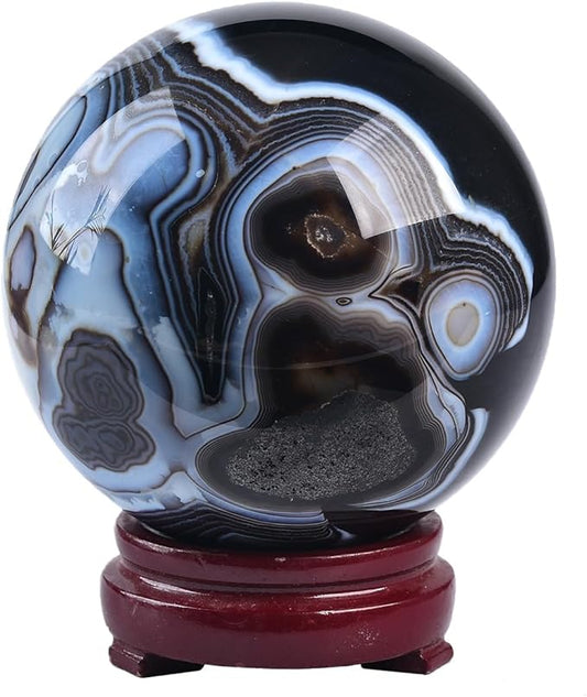 JIC Gem Black Onyx Agate Large Crystal Ball 3.5-4 inch(90-100mm) Round Healing Crystals Decorative Sphere with Wooden Stand Meditation Witchcraft Home Decor