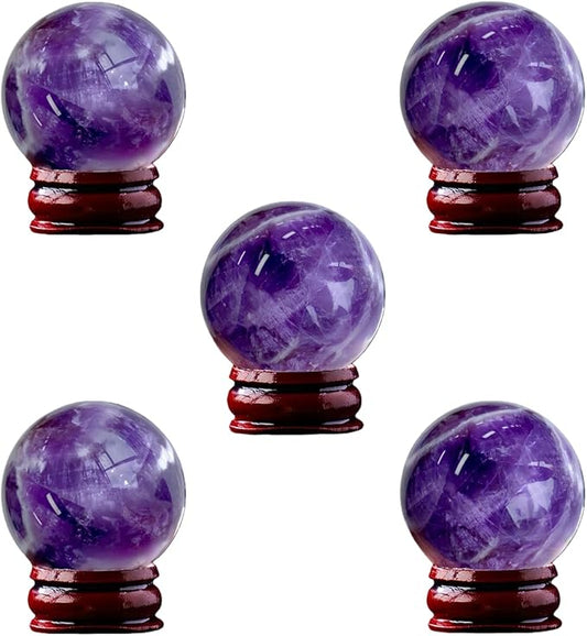 Natural Clear Quartz Crystal Sphere with Stand，5PC Real Crystals Ball, Clear Quartz Small Ball Decor (Amethyst Ball)